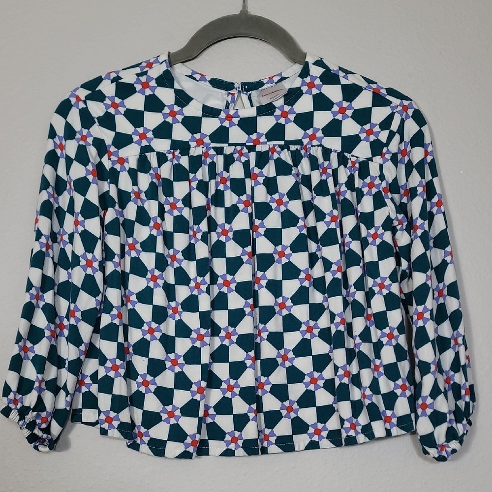 Hanna Andersson Checkerboard Woven Party Top Size 6-7 Green Long Sleeve